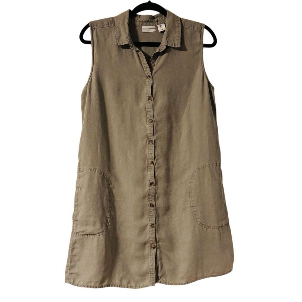 Adrienne Vittadini Sleeveless 100% Linen Button-Front Mini Dress in Taupe/Olive